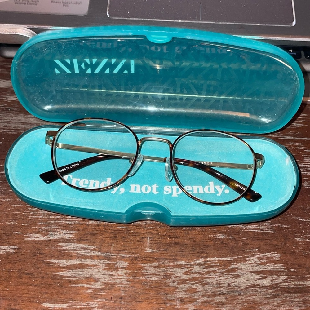 Timo by Zenni brown tortoise and gold metallic eyeglasses with case